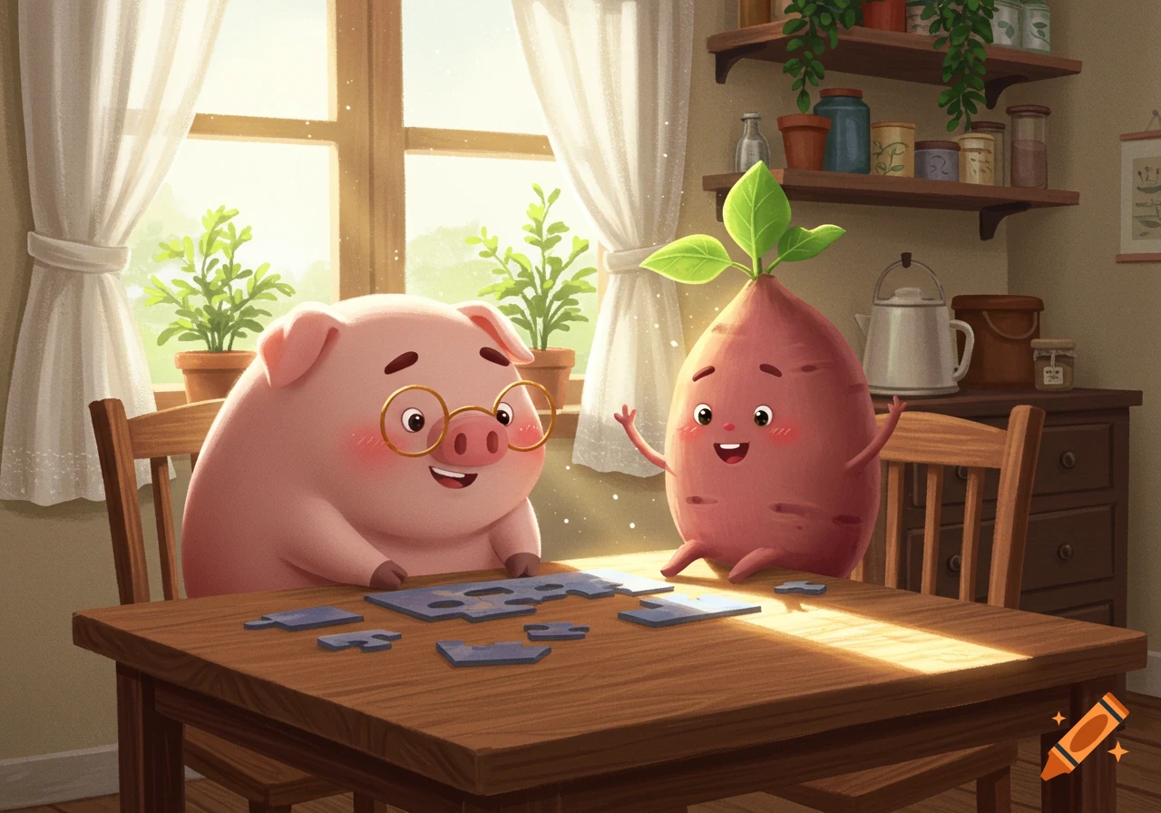 A cute cartoon pig wearing glasses and a sweet potato character with a leaf top are smiling and playing a puzzle on a wooden table in a sunlit room.