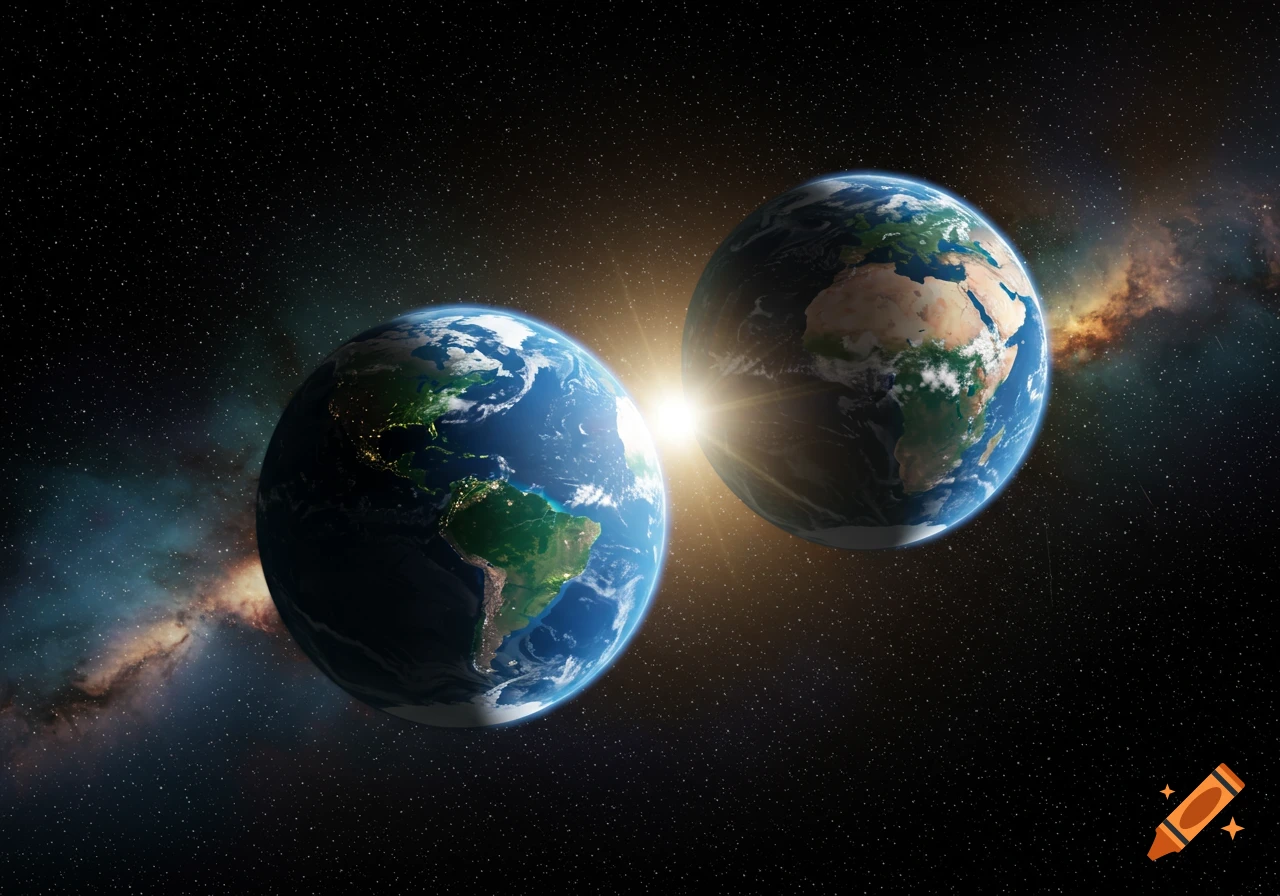 Two Earths floating in deep space, with a bright starburst between them and a colorful nebula in the background.