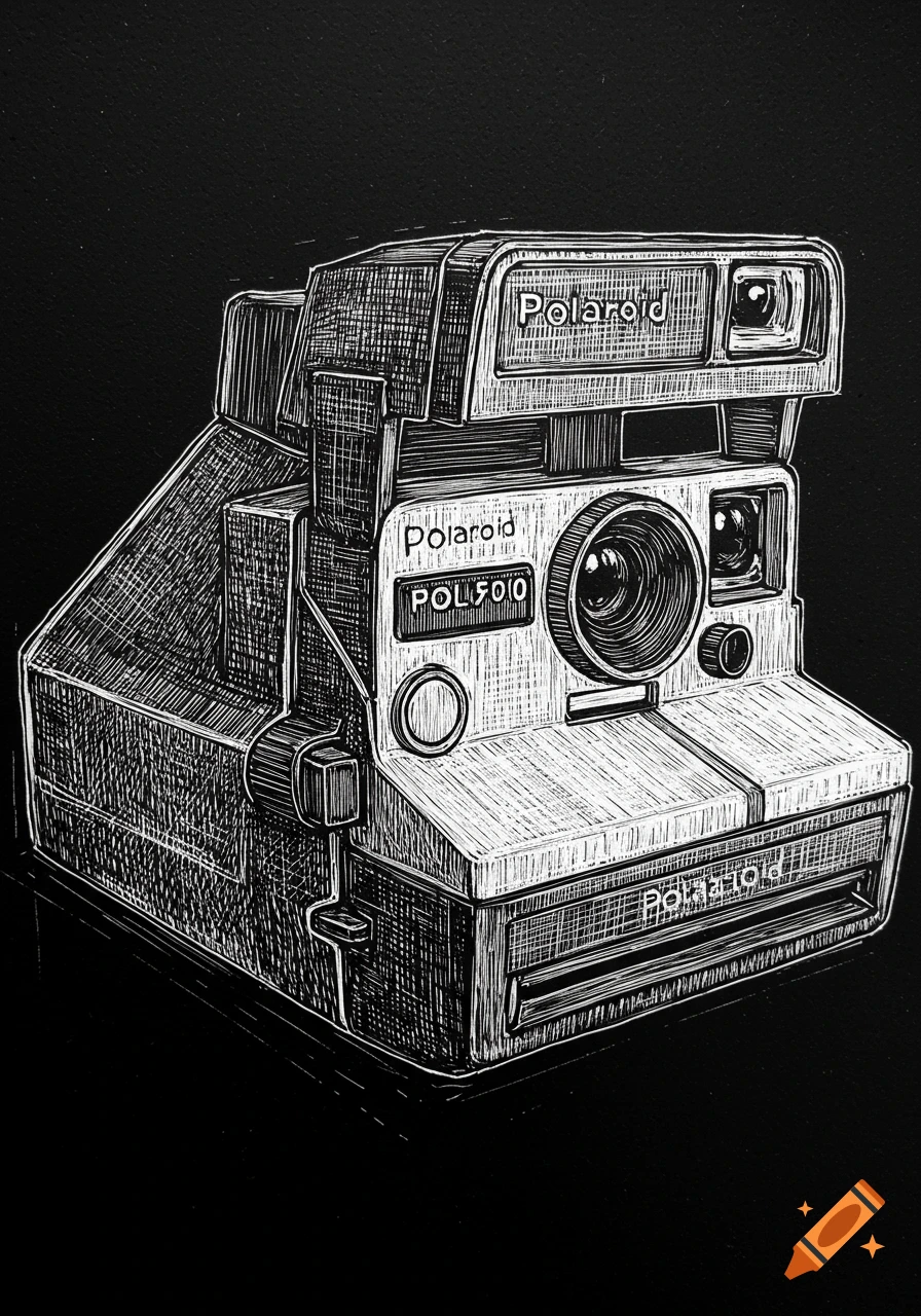 A detailed scratch line drawing of a vintage Polaroid instant camera on a black background.