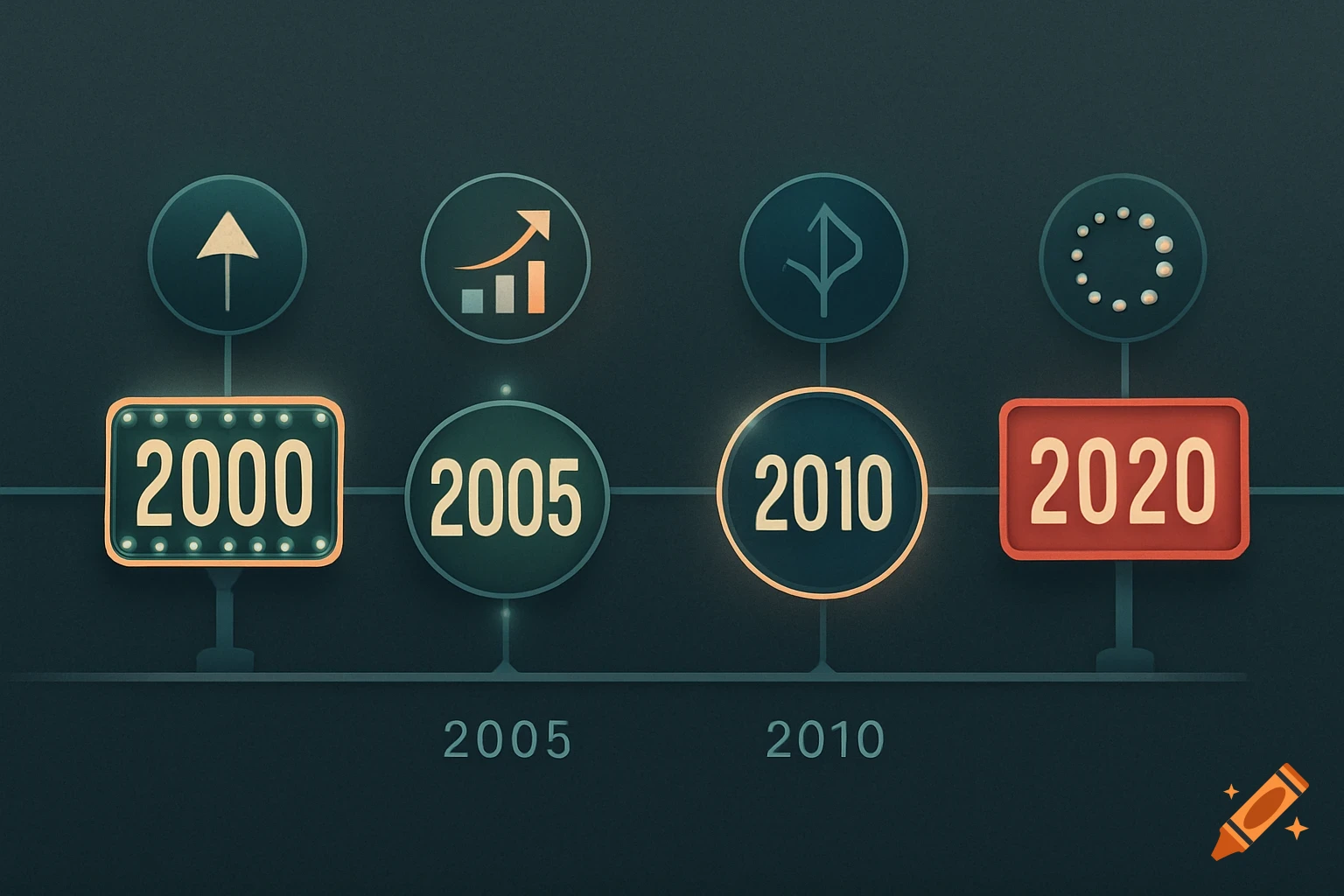 A dark infographic timeline with a horizontal line connecting four milestones: 2000, 2005, 2010, and 2020, each with an abstract icon above.