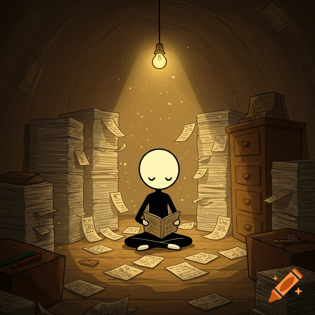 A simple stick figure sits cross-legged under a bare light bulb, reading a book amidst stacks of paper and scattered sheets in a dimly lit room.