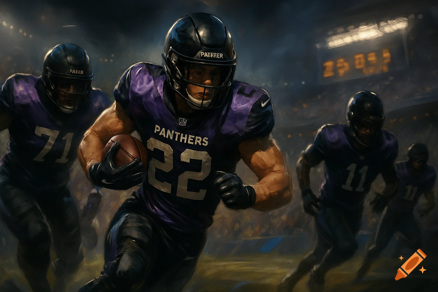 Dramatic painting of American football players in dark purple and black jerseys on a field under stadium lights, running with a ball.