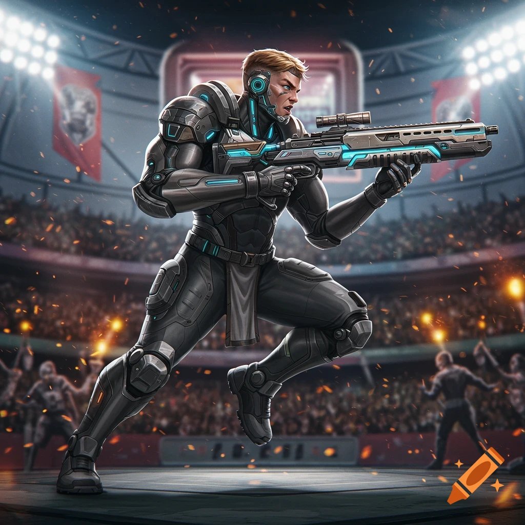 A futuristic soldier in black and cyan armor lunges forward, aiming a rifle in a crowded battle arena.
