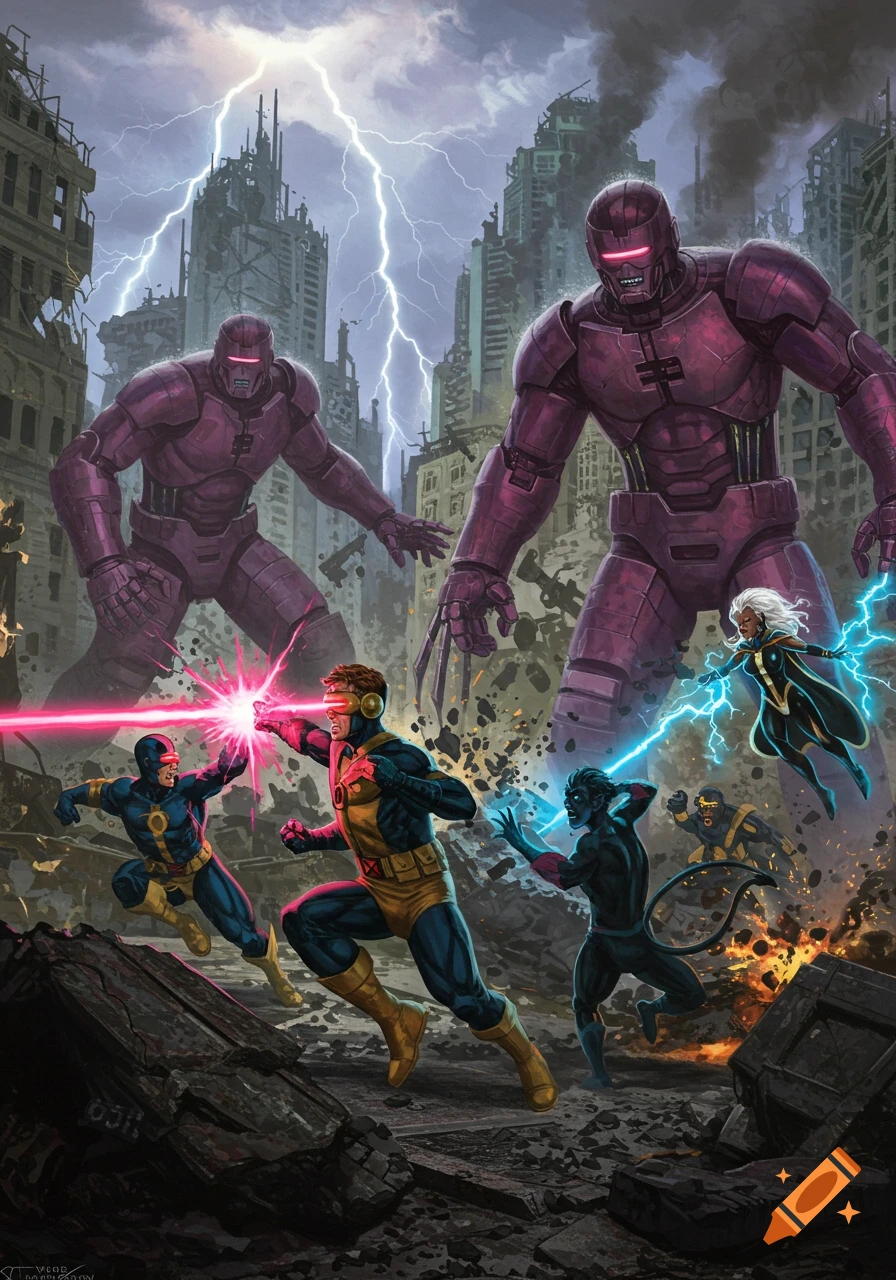 X-Men heroes Cyclops, Wolverine, Nightcrawler, and Storm battle two giant purple Sentinels in a ruined city under a lightning storm, comic art style.