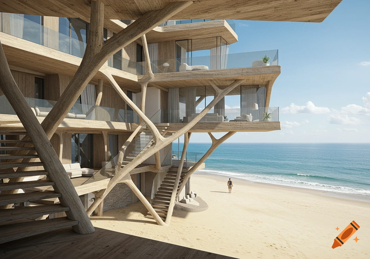 A unique multi-story wooden building with branch-like supports and glass balconies on a sandy beach next to the ocean, a person walks nearby.