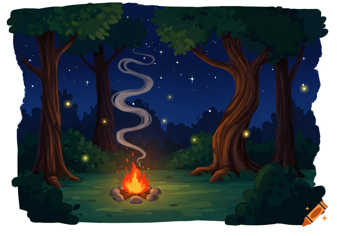 A cartoon illustration of a glowing campfire in a dark forest clearing at night, with fireflies and a starry sky.