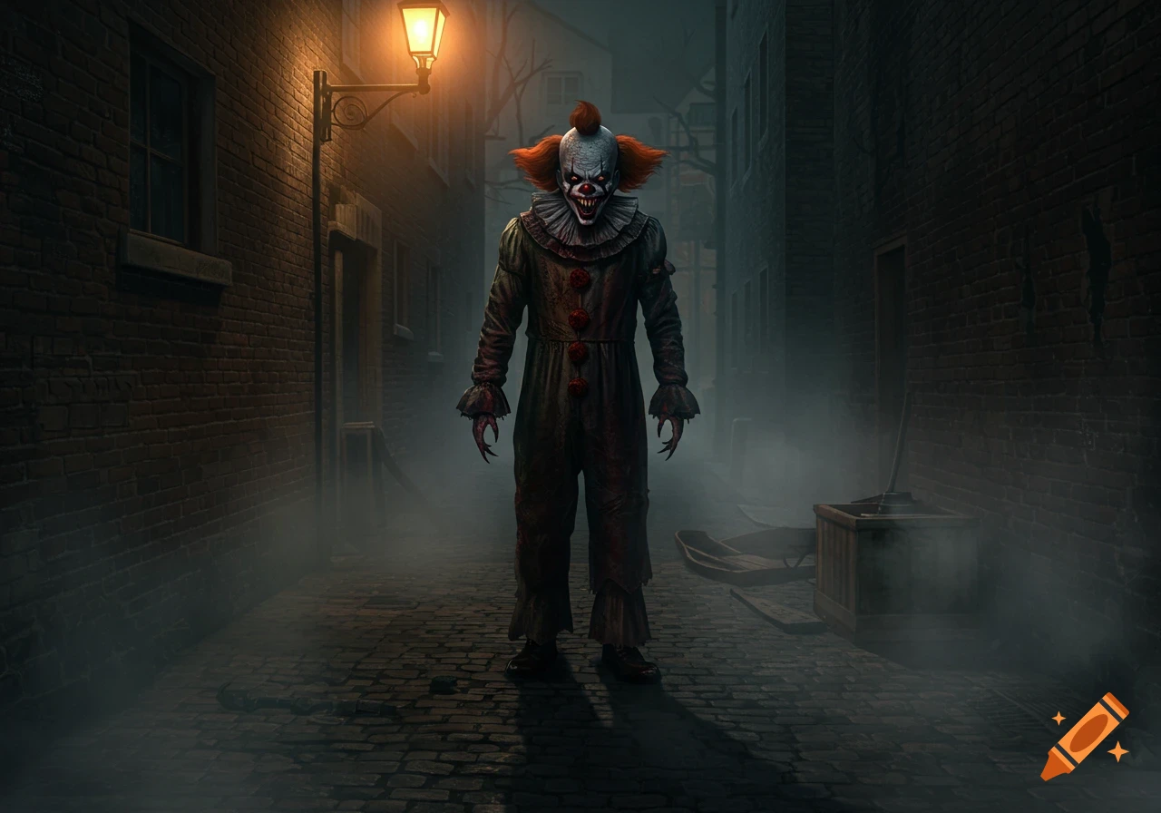 A terrifying horror clown with red hair and glowing red eyes stands in a foggy, dark alley under a single gas lamp.
