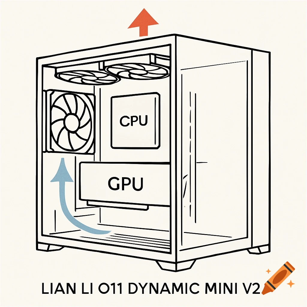 Schematic diagram of a Lian Li O11 Dynamic Mini V2 PC case showing CPU, GPU, fans, and airflow with blue and orange arrows.