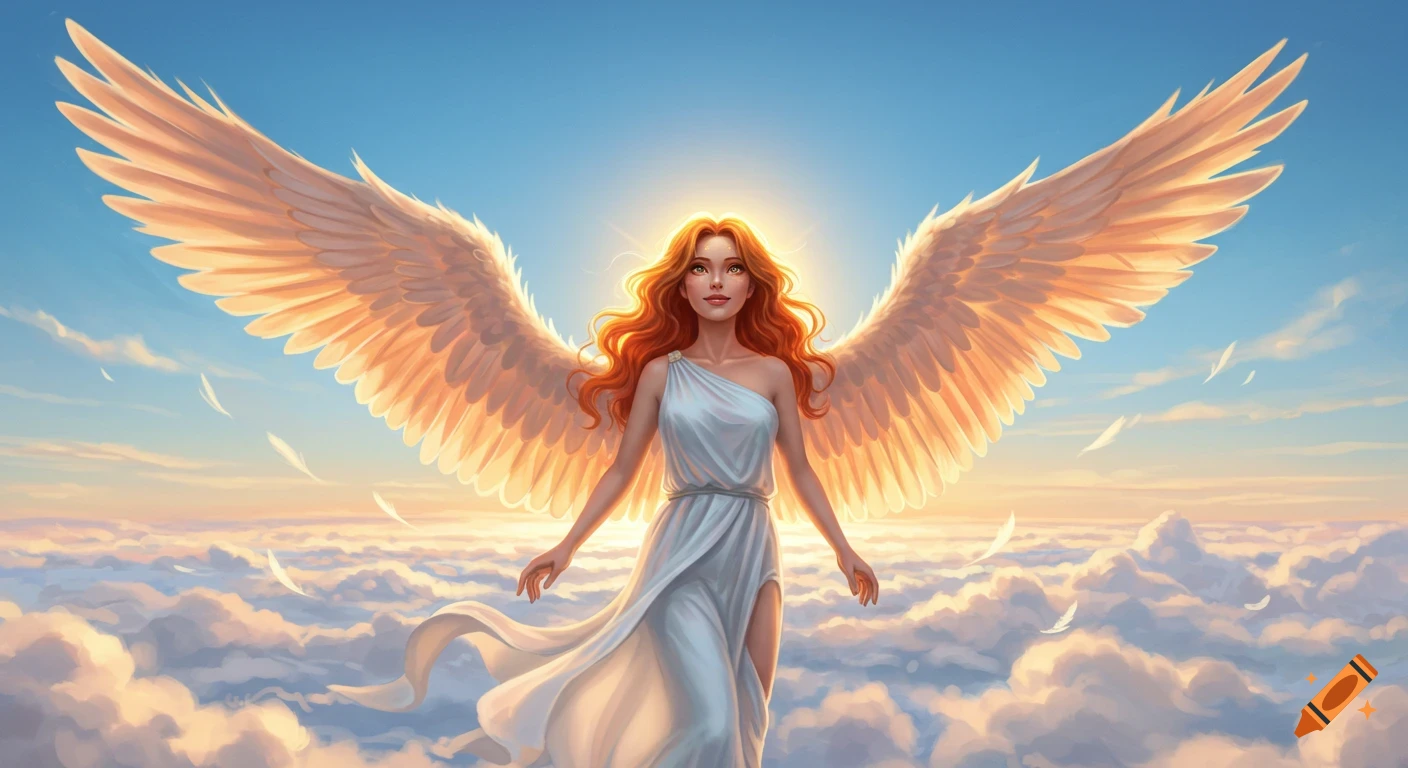 A beautiful red-haired angel in a flowing white dress with large, golden wings spread wide, floats gracefully above fluffy clouds in a bright blue sky.