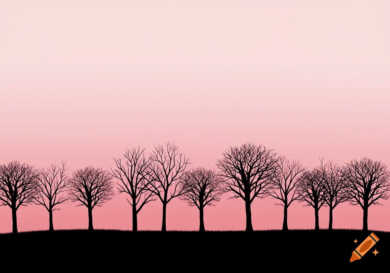 Silhouettes of bare trees on a grassy hill against a pink gradient sky, minimalist style.