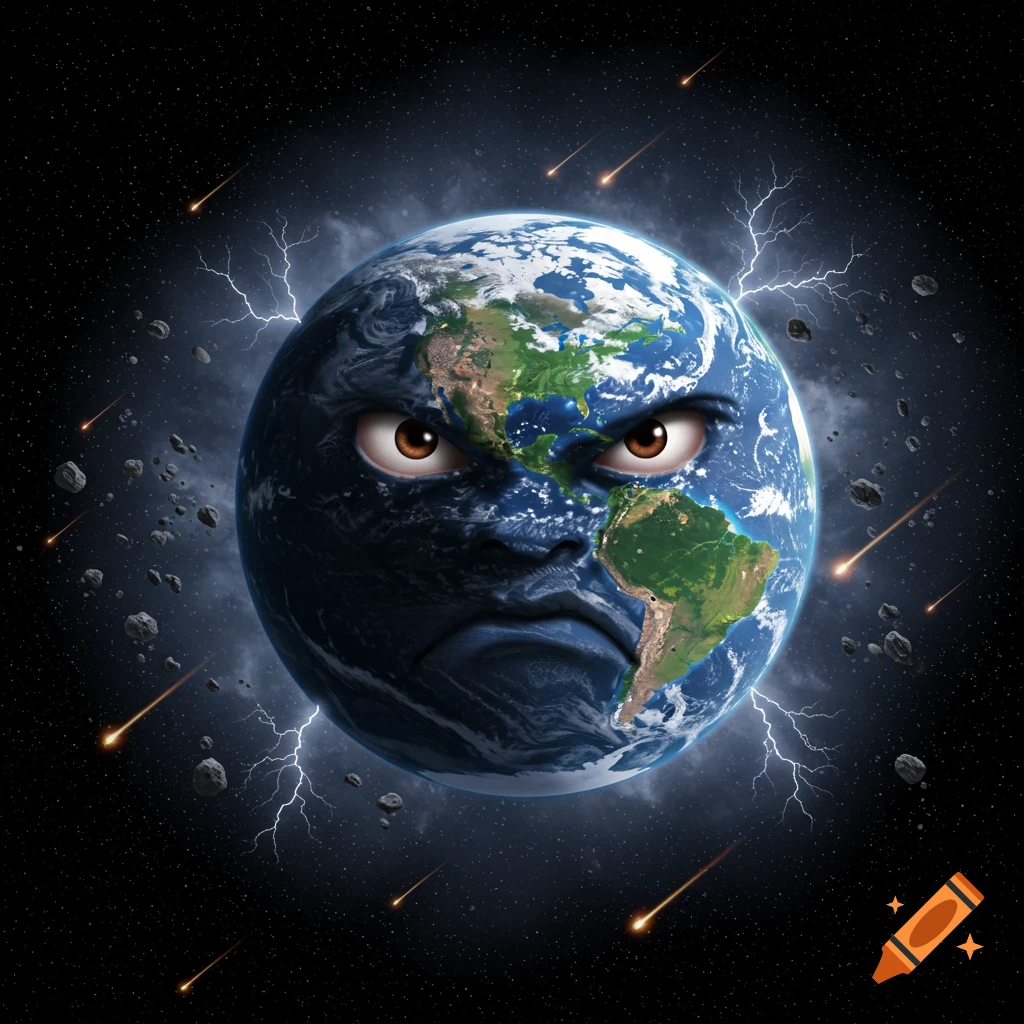 An angry Earth with a scowling face, surrounded by lightning and meteors in space.