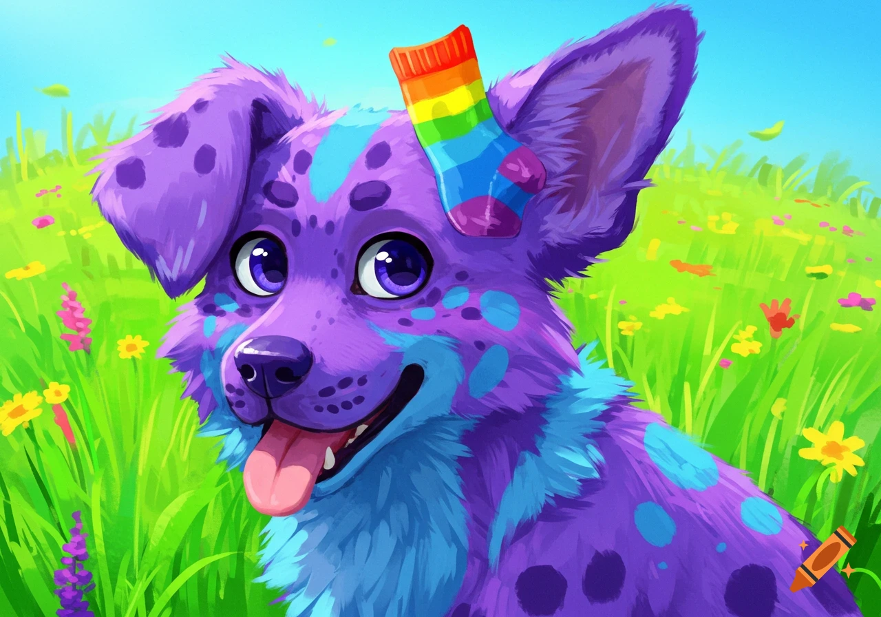 A vibrant cartoon purple dog with blue spots and a rainbow sock on its head smiles happily in a bright green field with flowers.