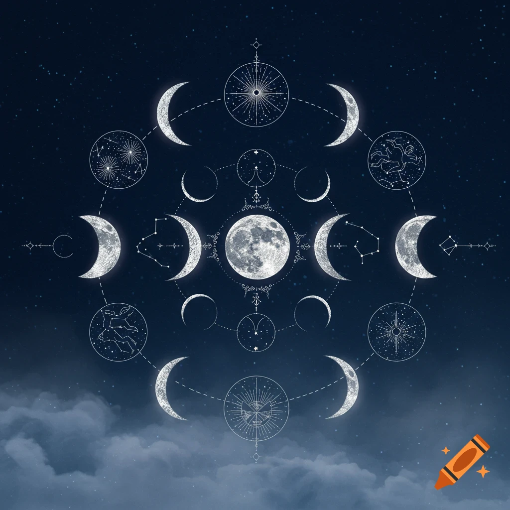 A circular celestial mandala with moon phases, stars, and astrological symbols on a dark blue starry sky with clouds.
