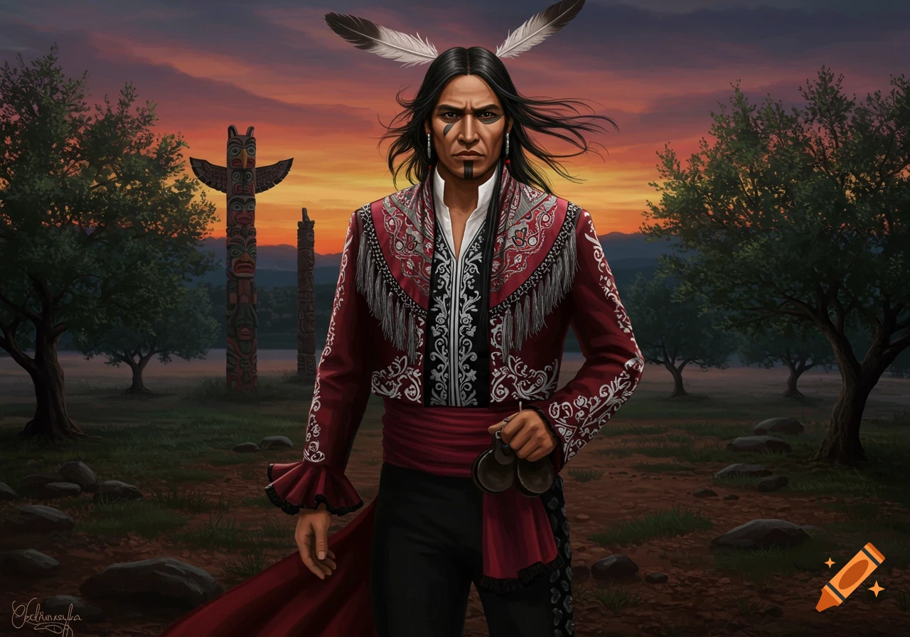 A man with long dark hair and face paint, wearing a red and black embroidered jacket and holding castanets, stands in a field with totem poles and trees against a sunset sky.