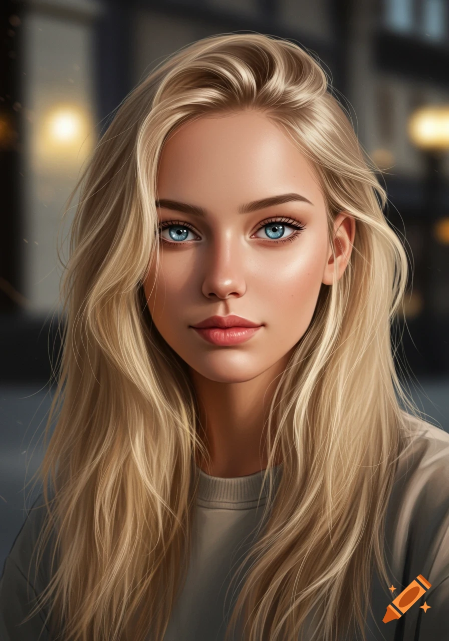 A digital art portrait of a young woman with long blonde hair and blue ...