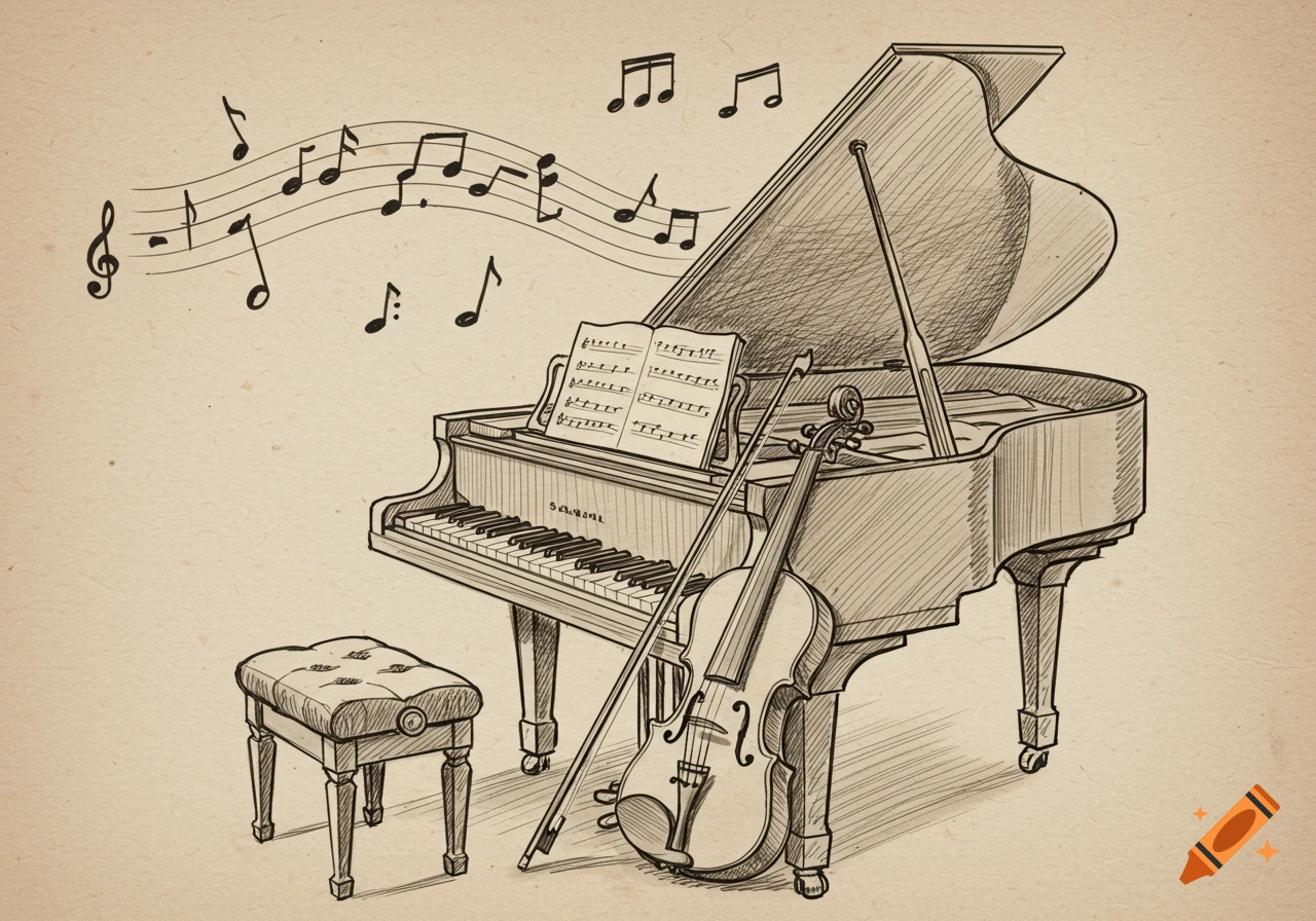 A sepia-toned sketch drawing of a grand piano, a violin, and a stool with musical notes floating above them.