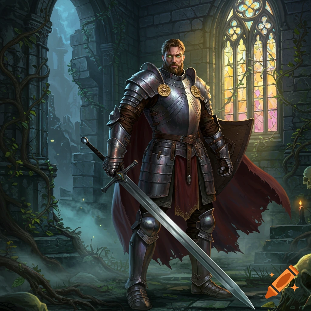 A knight in full plate armor holds a greatsword in a ruined gothic hall with a stained glass window.