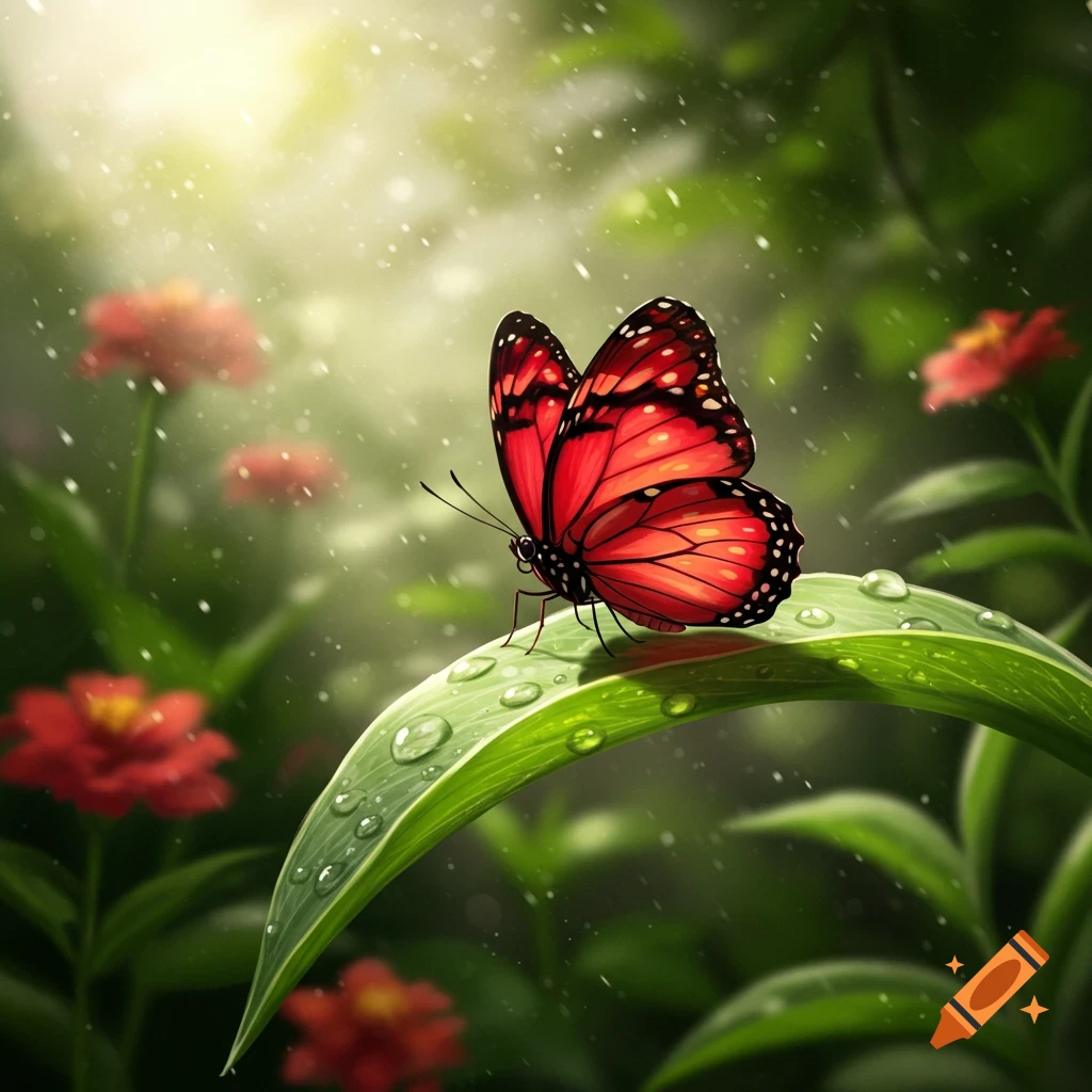 A vibrant red butterfly with black spots rests on a dewy green leaf, bathed in sunlight with blurred red flowers in the background.