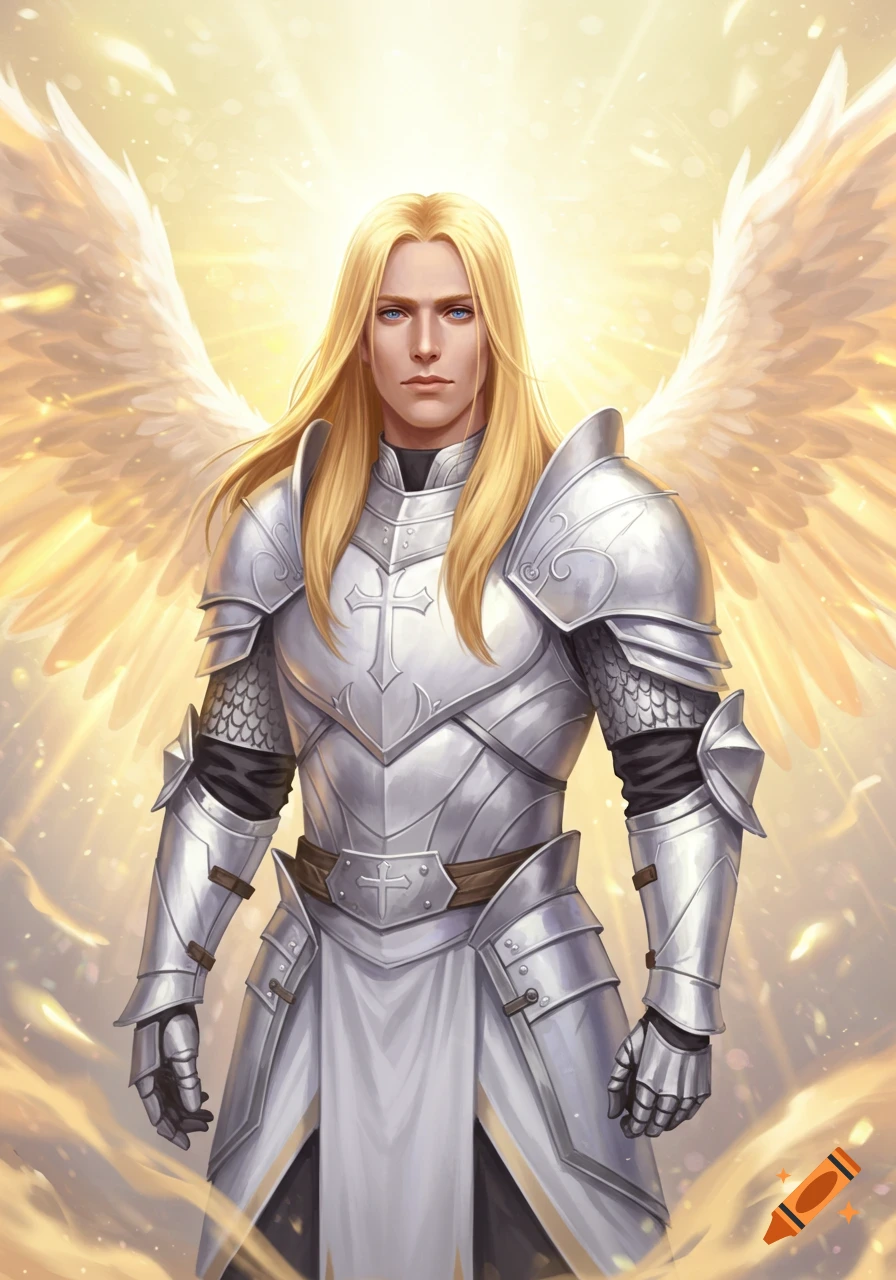 A male angel with long blonde hair, blue eyes, in white armor with feathered wings, stands against a glowing golden background. Digital art.