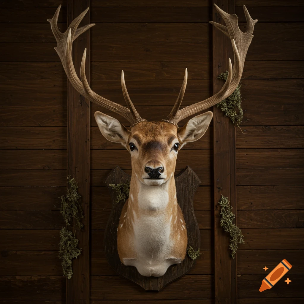 Photorealistic image of a taxidermied deer head with antlers mounted on a wooden plaque against a wooden wall.