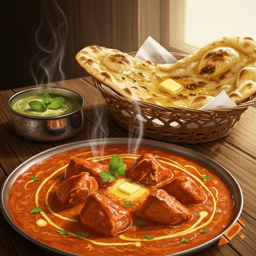 A steaming platter of butter chicken with naan bread and green chutney on a wooden table, rendered in an illustrative style.