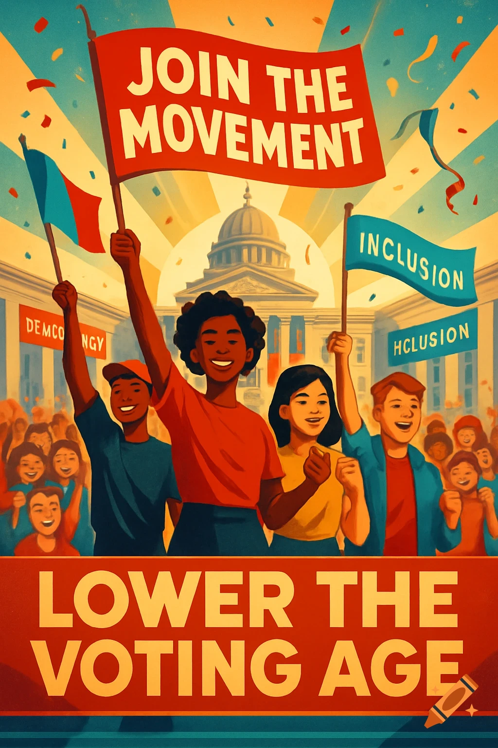 A vibrant propaganda poster depicts diverse young people at a rally with a capitol building background, holding signs for a cause.