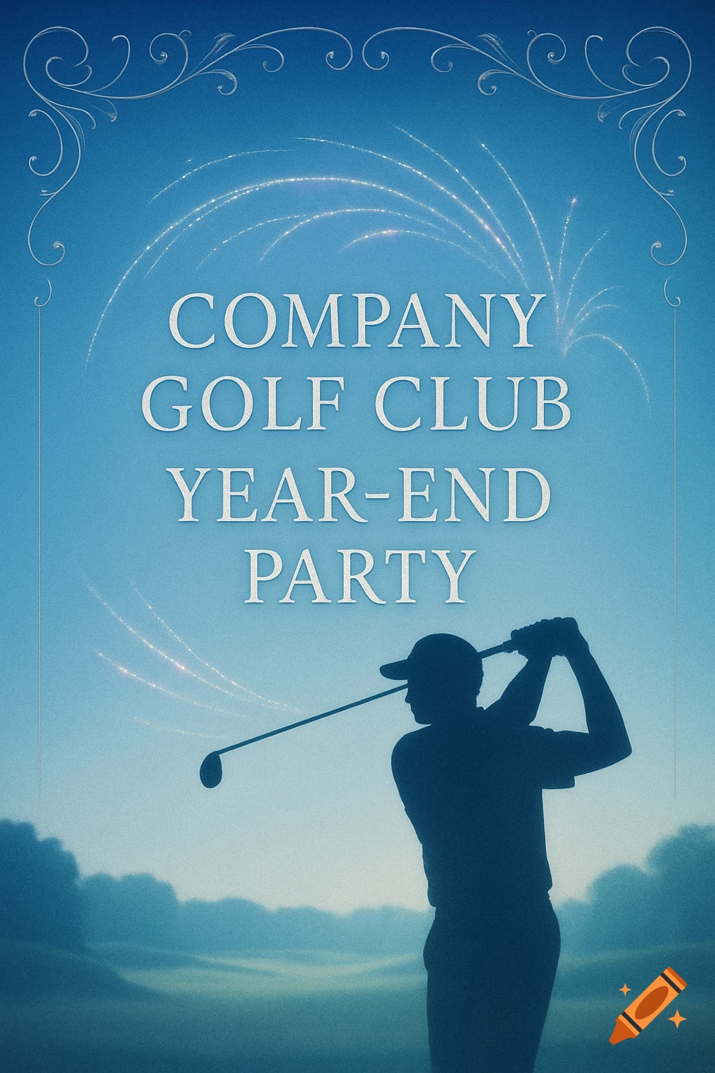 A blue poster with a silhouetted golfer swinging, white text 'COMPANY GOLF CLUB YEAR-END PARTY', and sparkling trails.