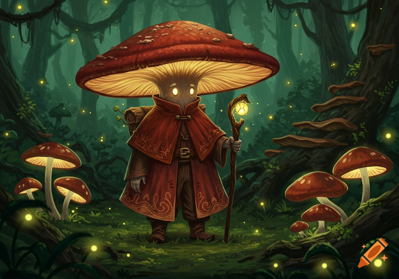 A mushroom wizard in a red cloak with glowing eyes holds a staff in a magical forest with glowing mushrooms and fireflies.