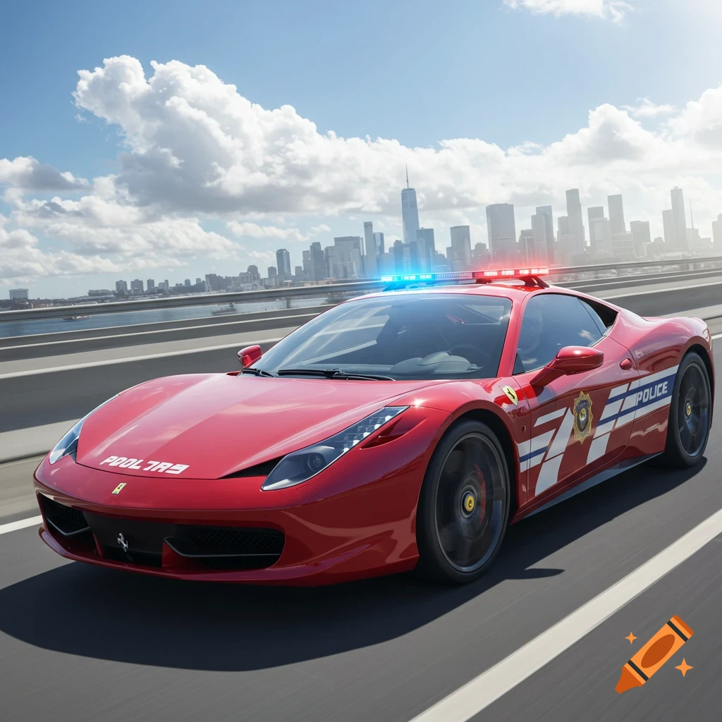 A red Ferrari sports car, styled as a police patrol car with flashing lights, drives on a highway bridge with a city skyline.