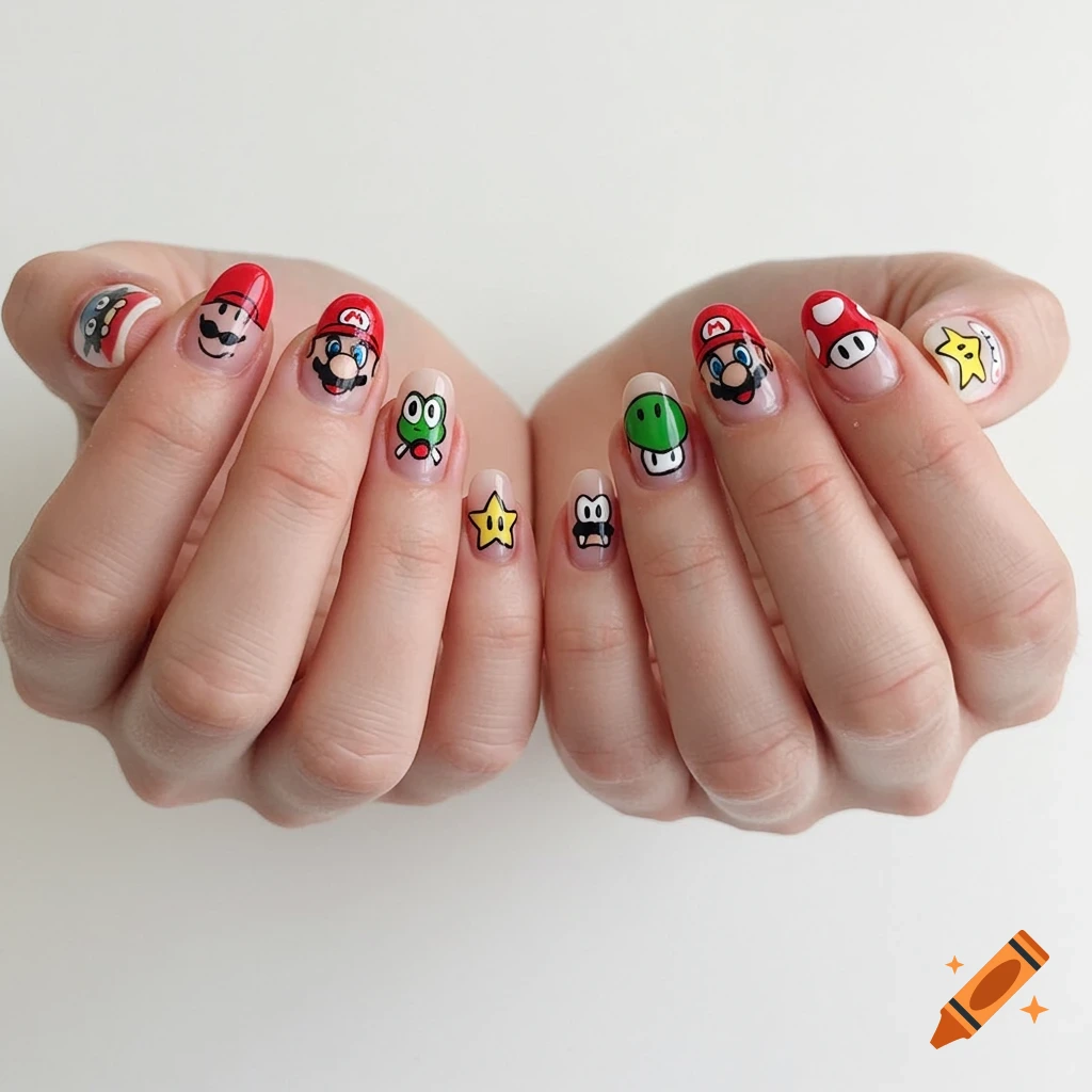 Close-up of hands displaying fingernails painted with Super Mario characters including Mario, Yoshi, a mushroom, and a star.