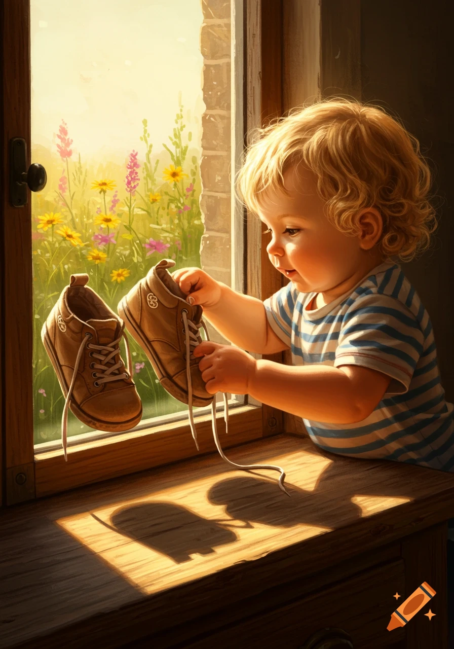 A blonde toddler in a striped shirt sits at a sunlit window sill, holding a brown shoe with flowers visible outside, in a painterly style.