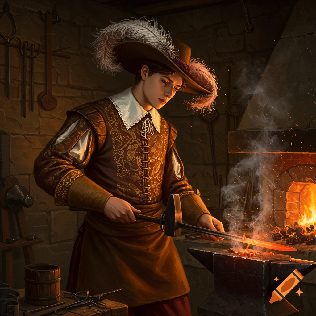 A young 17th-century nobleman in a feathered hat and elaborate clothes hammers a glowing rapier on an anvil in a forge, oil painting style.