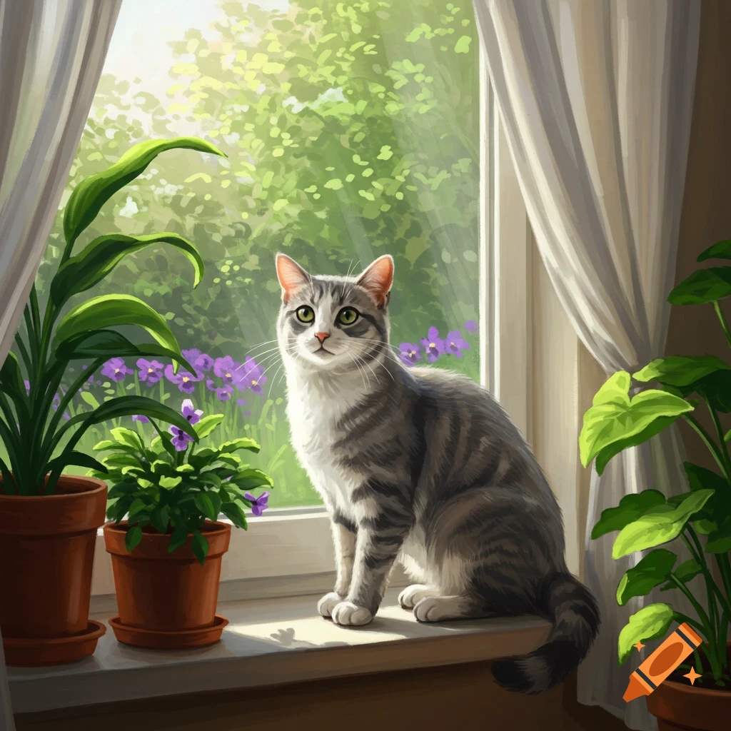 A gray and white tabby cat sits on a sunlit windowsill with potted ...