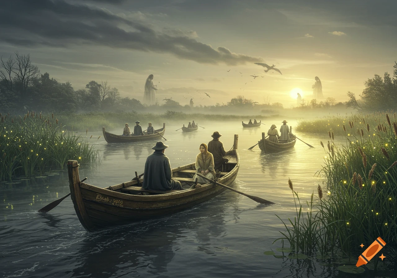 People row wooden boats on a misty river at dawn/dusk, with colossal ethereal figures in the distance and glowing plants on the banks.