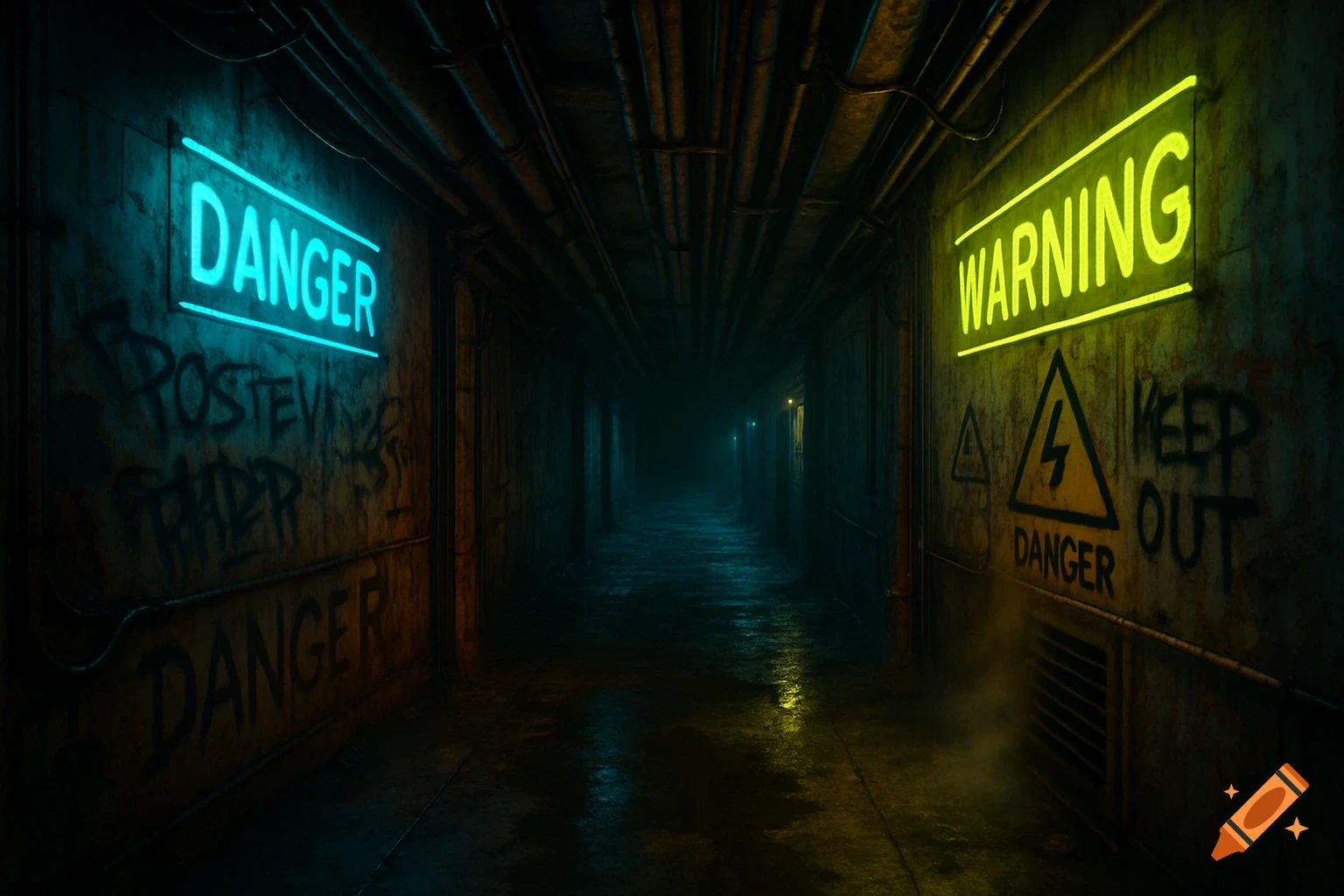 A dark, moody industrial hallway with blue 'DANGER' and yellow 'WARNING' neon signs and graffiti on the walls.