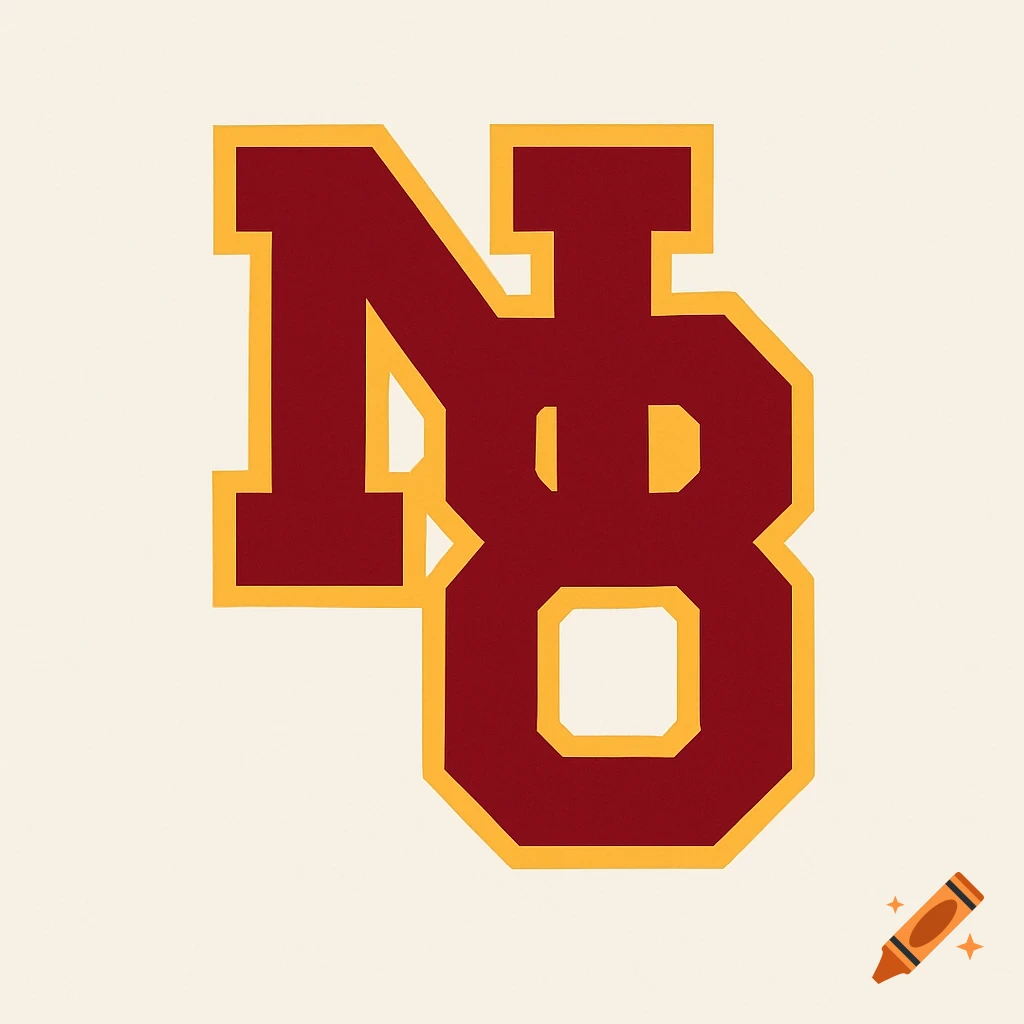 A bold, interlocking monogram logo featuring a red letter 'N' and number '8' with a gold outline on a cream background, in a collegiate style.