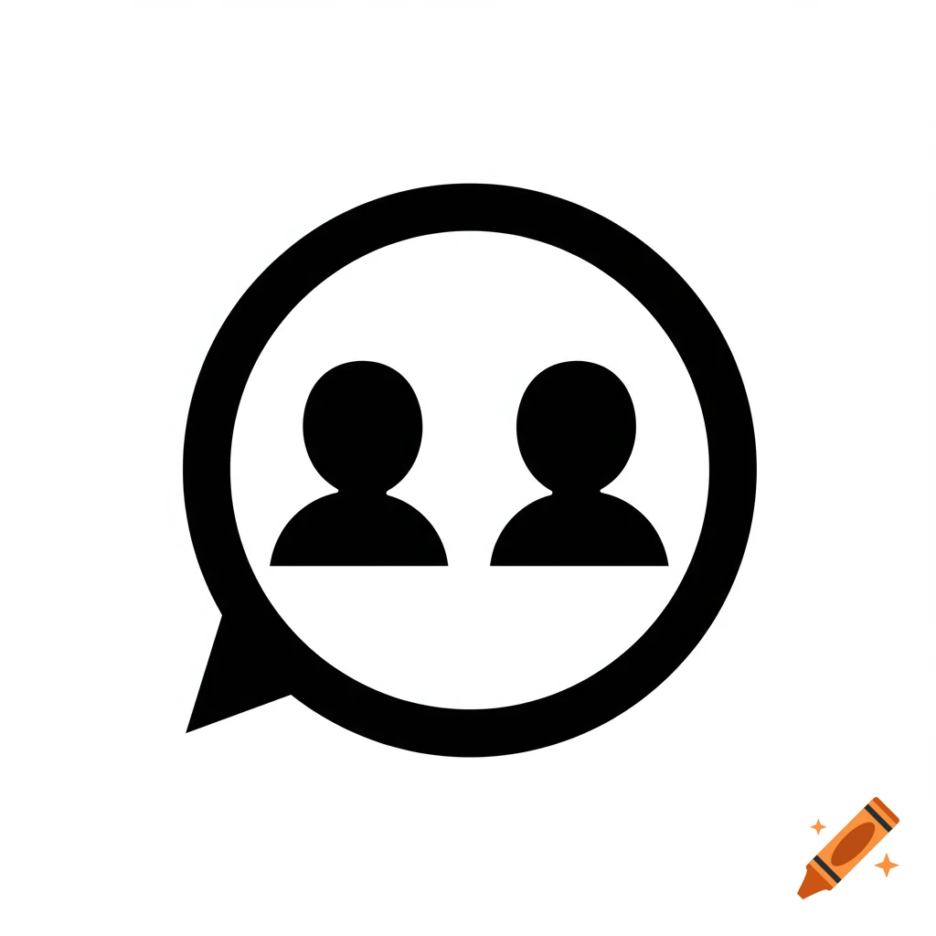 Black-and-white icon of a speech bubble containing two silhouetted user figures, symbolizing conversation.