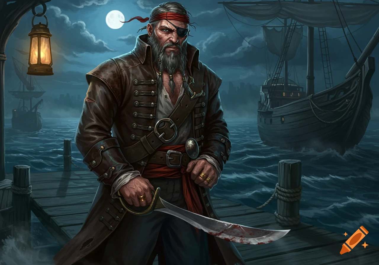 A grizzled pirate with an eyepatch and beard stands on a wooden dock, holding a bloody cutlass. Two pirate ships are in the stormy sea under a full moon.