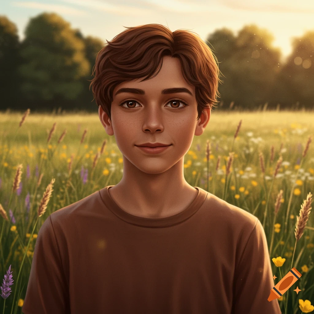 A young boy with brown hair and eyes smiles in a sunlit field with wildflowers and trees, digital art.
