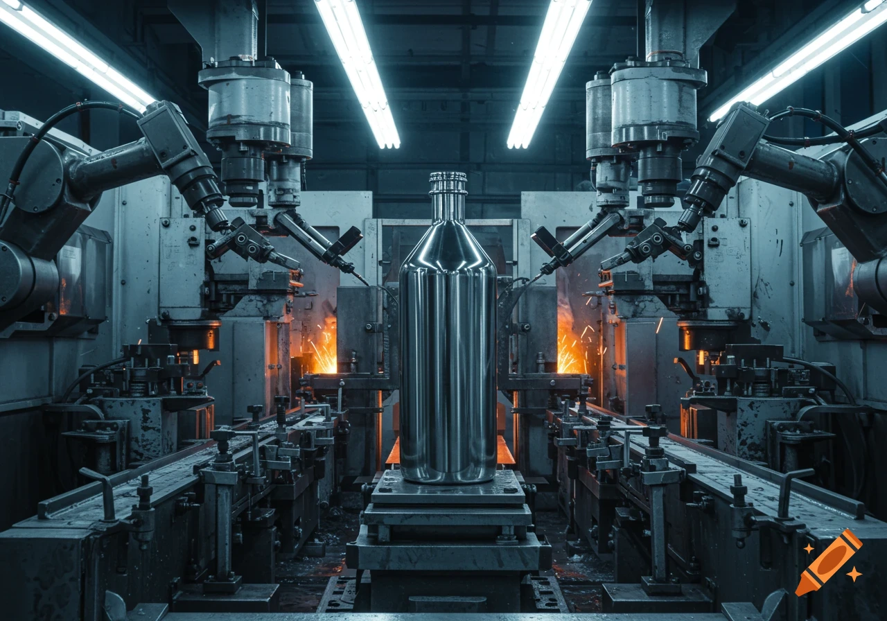 A photorealistic image of a metal bottle on an industrial assembly line with robotic arms, surrounded by sparks and machinery.
