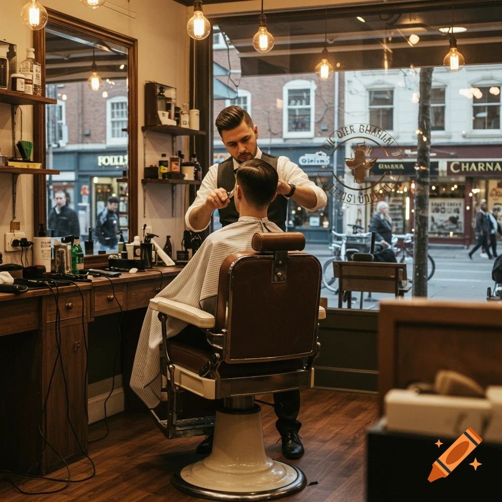 A barber cuts a customer's hair in a classic barbershop, with a busy city street visible through the window in photorealistic style.