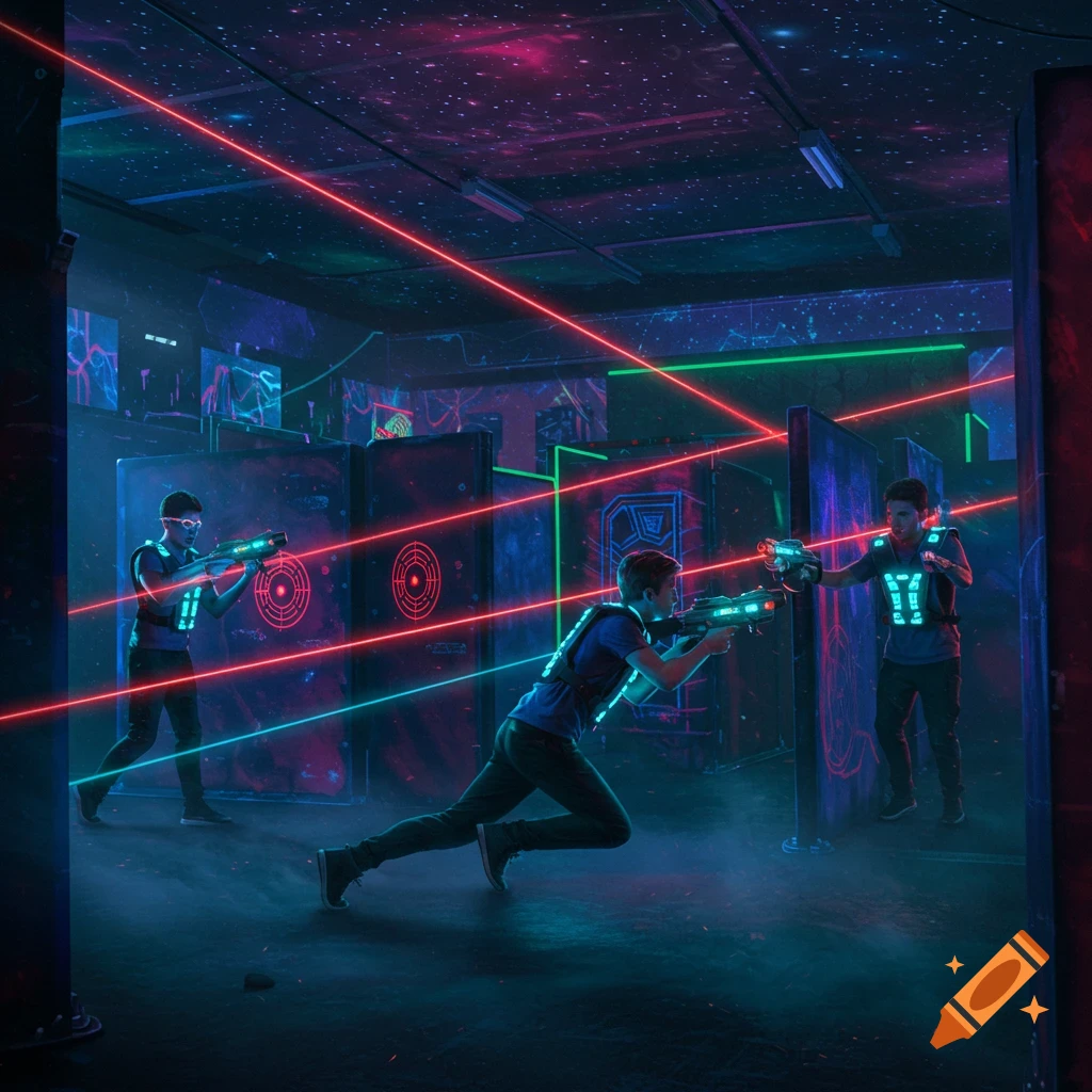 Three people play laser tag in a dark arena filled with glowing neon lights and red and blue laser beams.