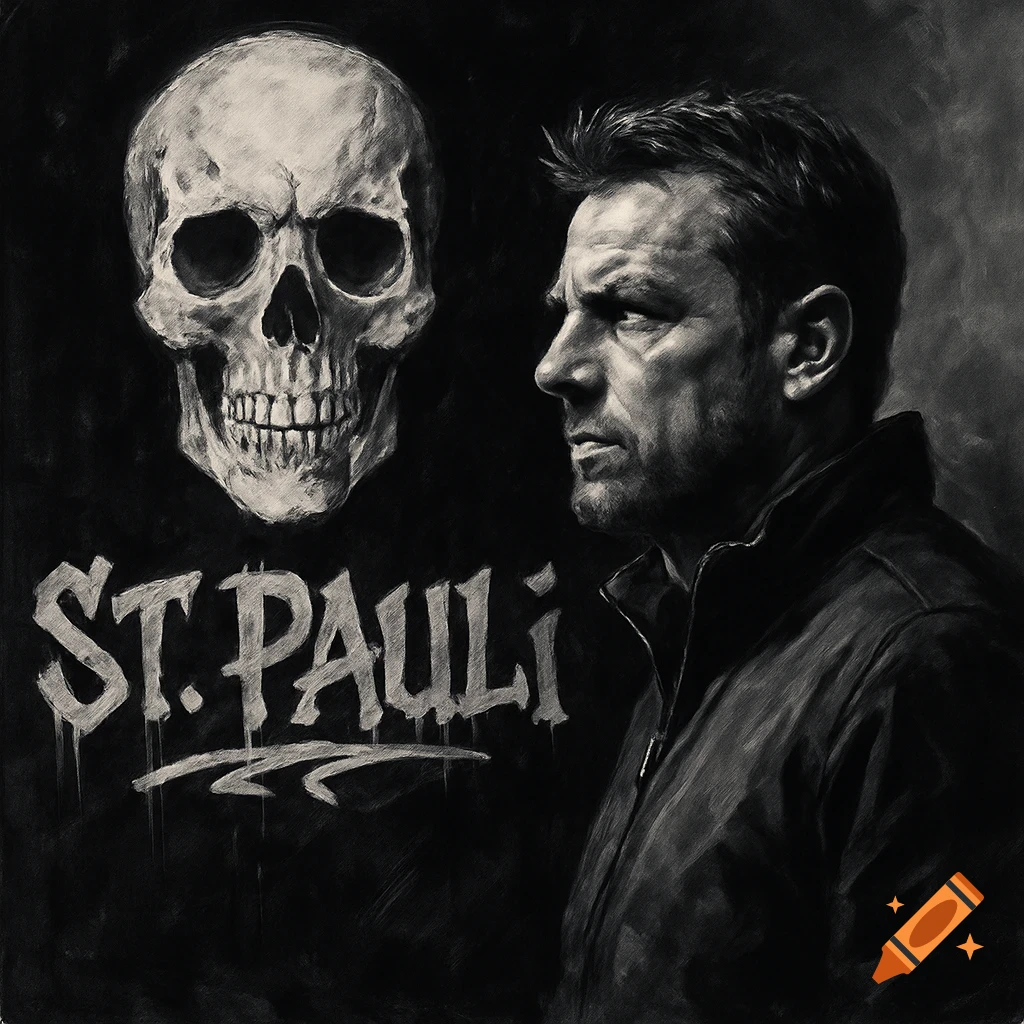 Black and white illustration of a man's profile next to a skull, with 'ST. PAULI' text below.