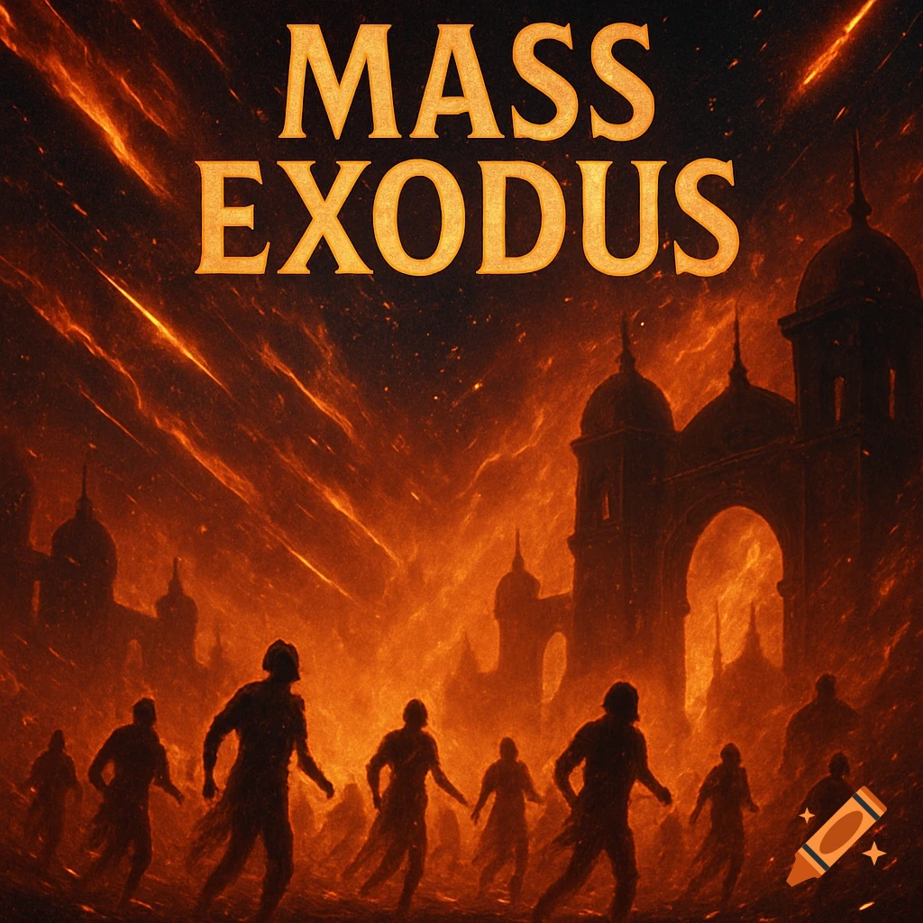 Text 'MASS EXODUS' above silhouetted figures traversing a fiery, apocalyptic landscape with dark buildings and a dramatic sky, digital art.