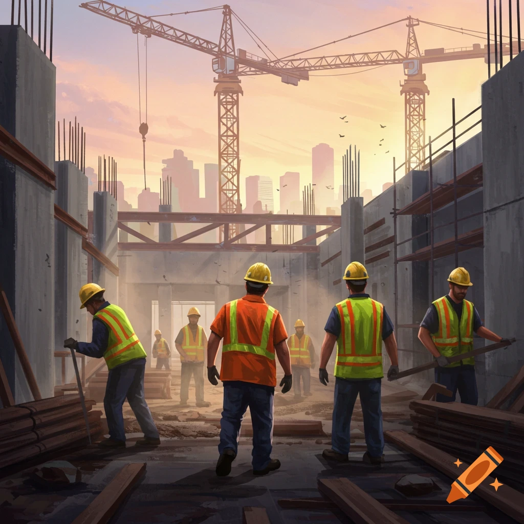 Construction workers at a building site with cranes and a city skyline at sunset, digital painting.