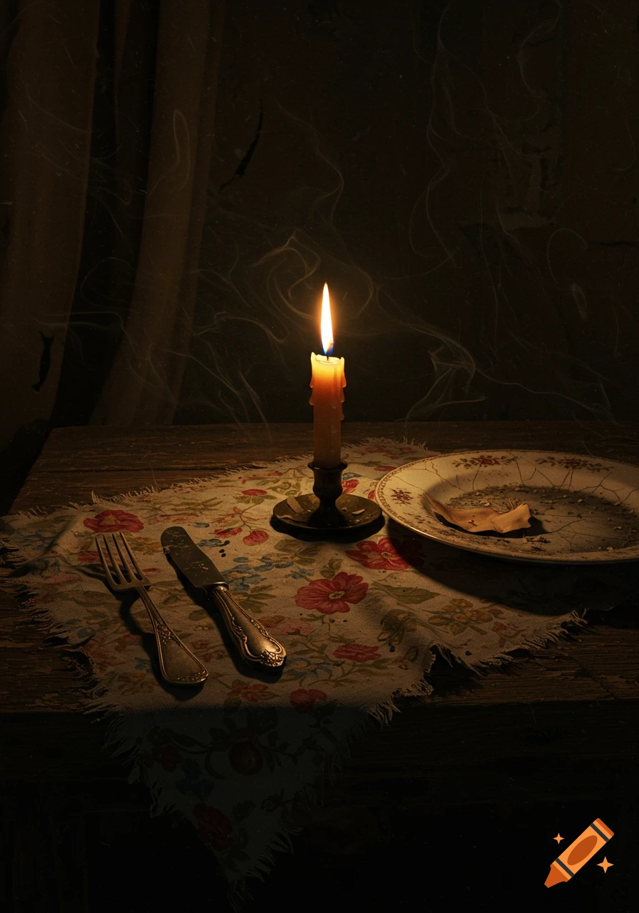 A gloomy photorealistic still life with a lit candle, a fork, a knife, and a cracked plate on a floral tablecloth.
