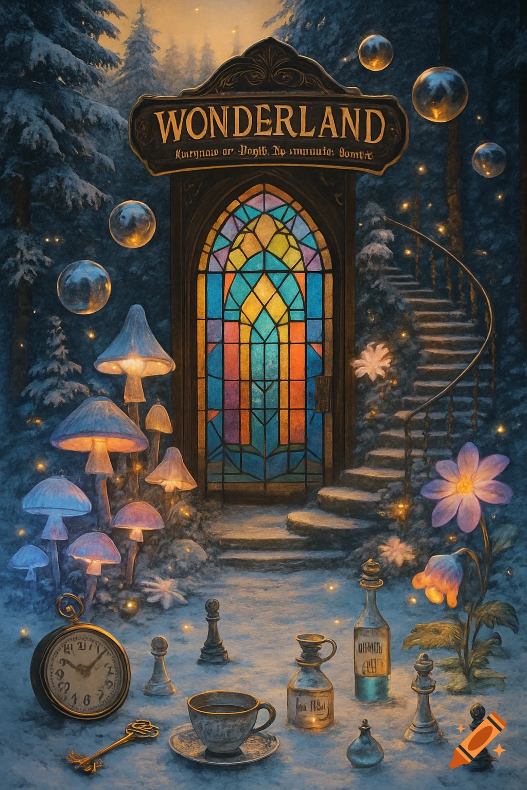 A magical winter forest scene featuring a stained-glass door, glowing mushrooms, a spiral staircase, and Alice in Wonderland elements like a clock, key, teacup, and chess pieces.