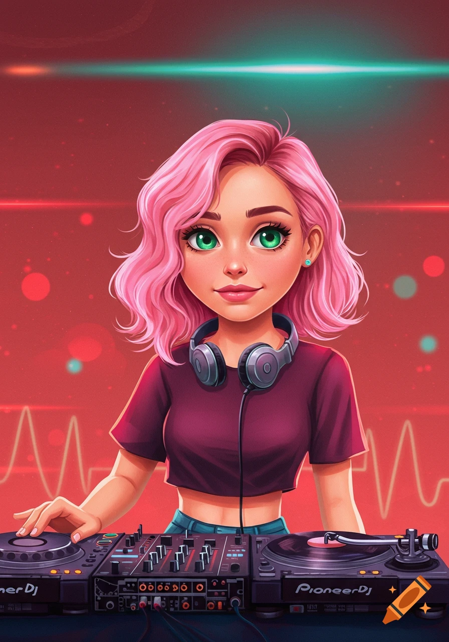 Charming cartoon DJ with pink hair, green eyes, and headphones mixing on turntables against a red background.