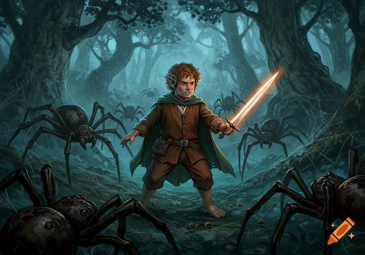 A brave hobbit wields a glowing sword, surrounded by menacing giant spiders in a dark, misty forest, digital painting.