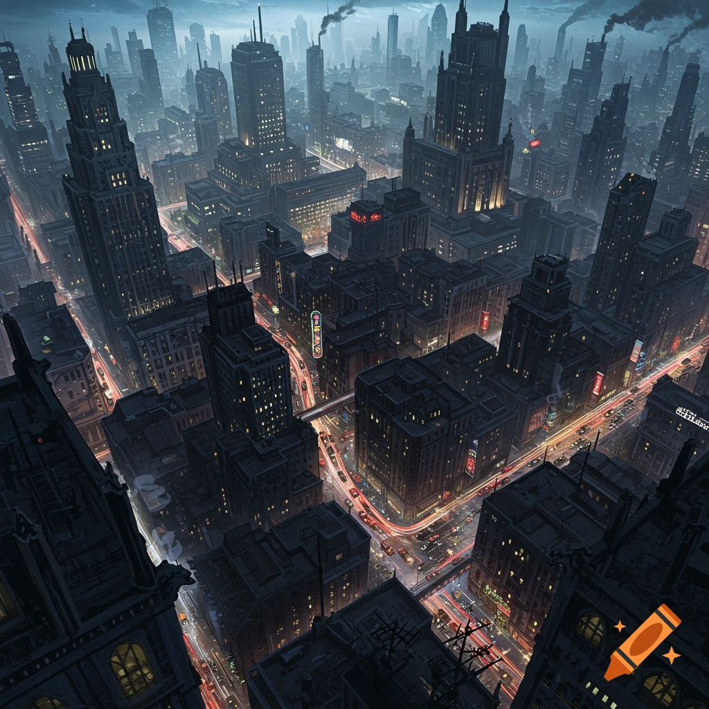 Birds-eye view of a dark, sprawling gothic city at dusk, with towering ...
